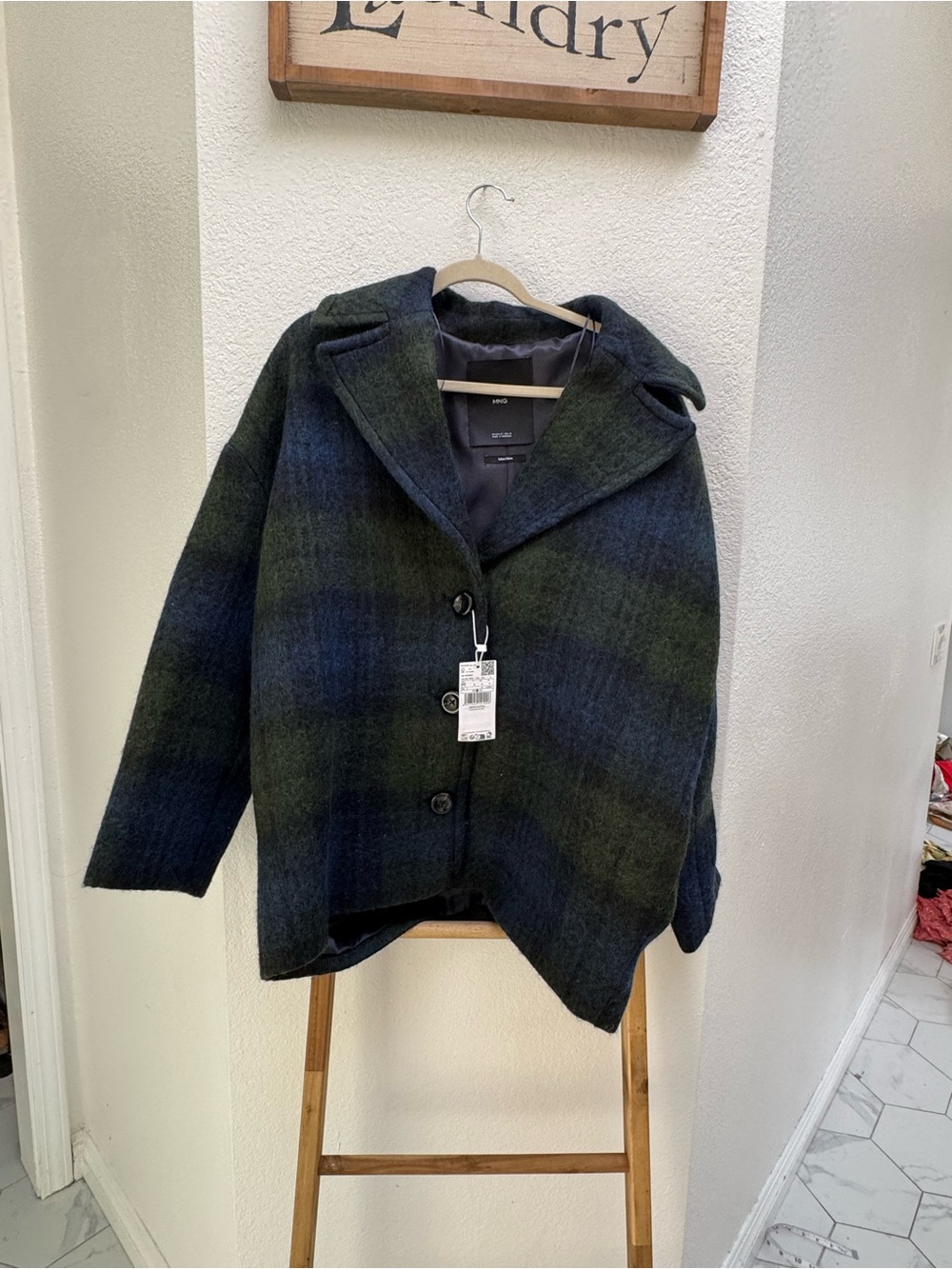 NWT Mango Plaid Wool Blend Button-Up Coat in Navy and Olive- Abrigo Scottish - Picture 5 of 14